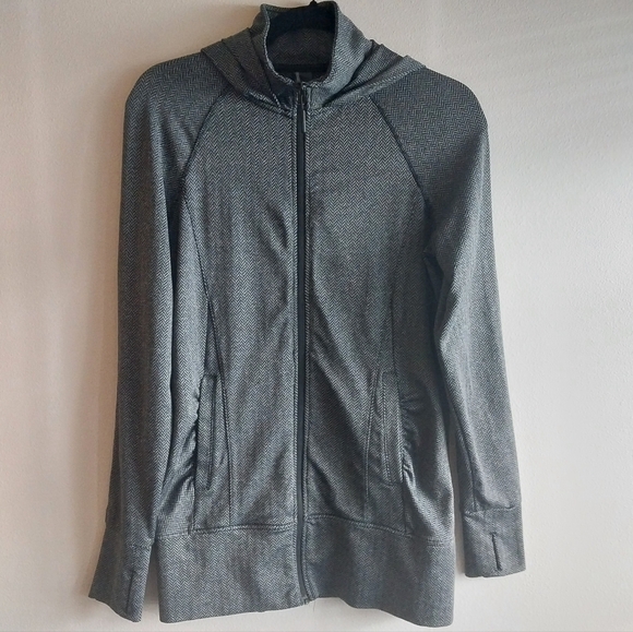 Mondetta Gray and Black Herringbone Patterned Mock Neck Hooded Jacket - Picture 1 of 9